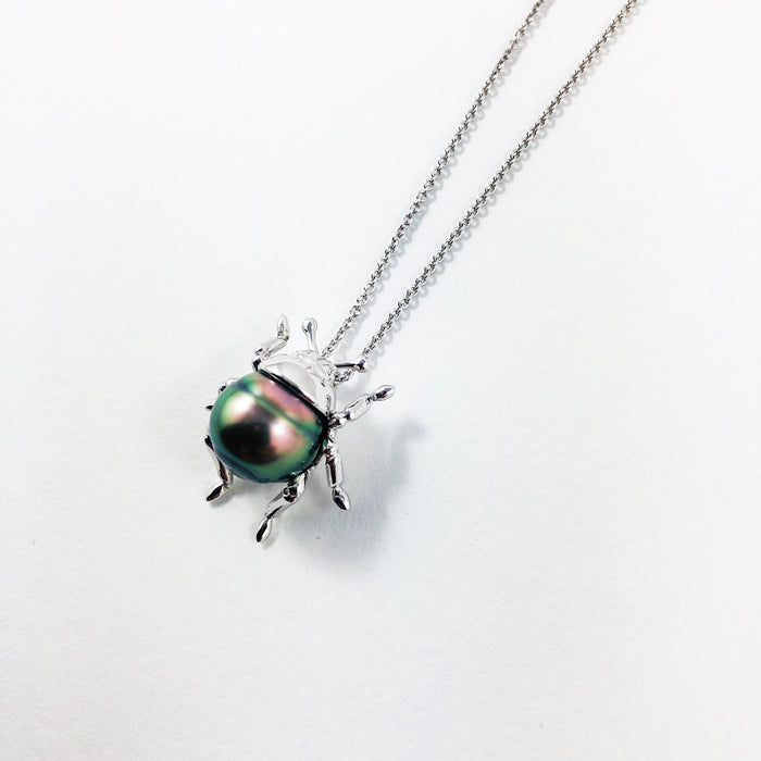 Beetle bug insect Tahitian pearl, 14k white gold pendant necklace