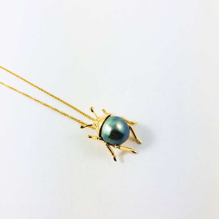 Beetle bug insect Tahitian pearl, 14k yellow gold pendant necklace