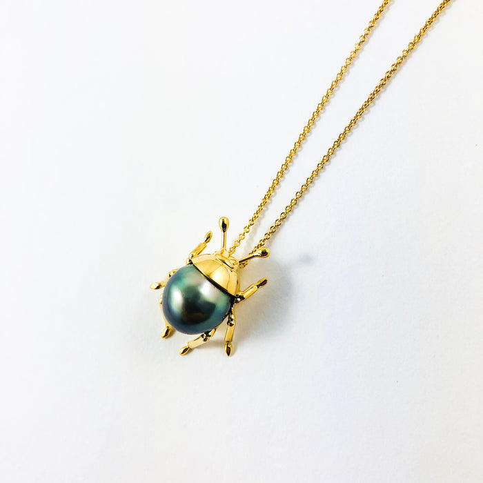 Beetle bug insect Tahitian pearl, 14k yellow gold pendant necklace