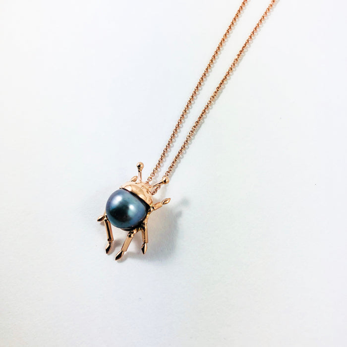 Beetle insect Tahitian pearl, 14k rose gold pendant necklace