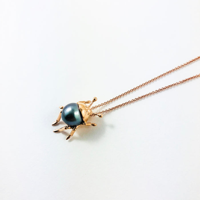 Beetle bug insect Tahitian pearl, 14k rose gold pendant necklace