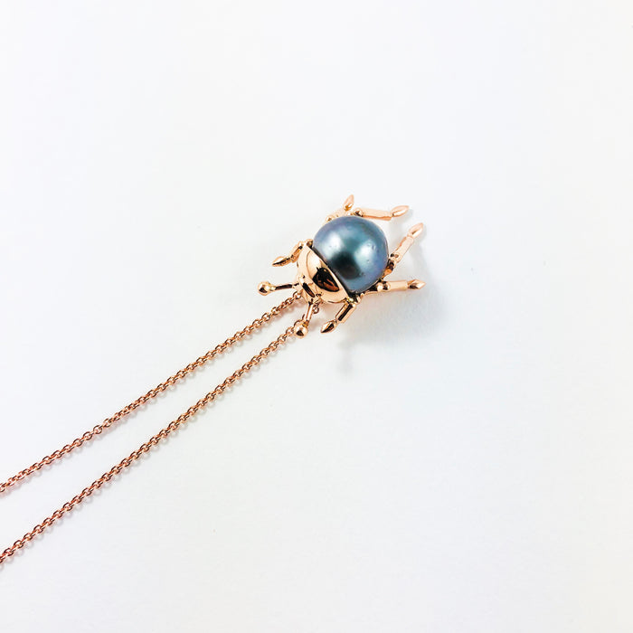 Beetle insect Tahitian pearl, 14k rose gold pendant necklace