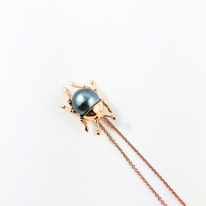 Beetle bug insect Tahitian pearl, 14k rose gold pendant necklace