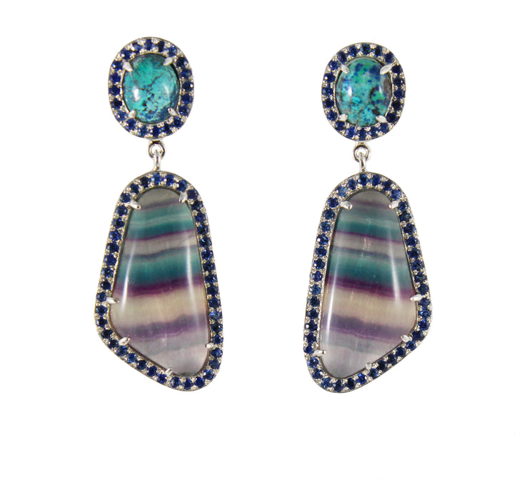Rainbow fluorite, chrysocolla, blue sapphire halo silver dangle earrings
