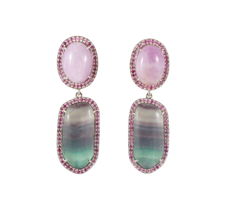 Rainbow fluorite, kunzite, pink sapphire halo silver dangle earrings