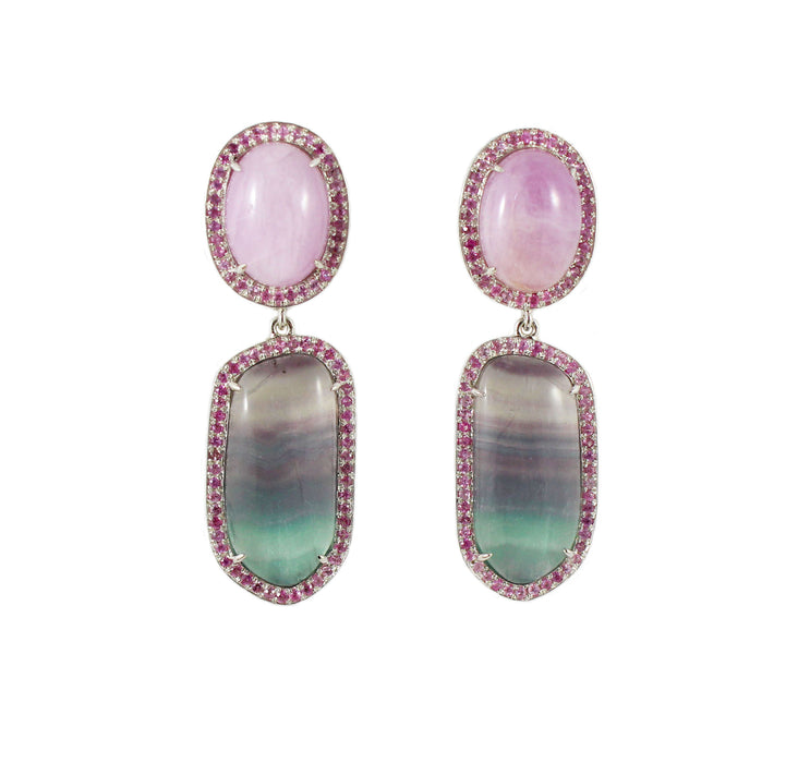Rainbow fluorite, kunzite, pink sapphire halo silver dangle earrings