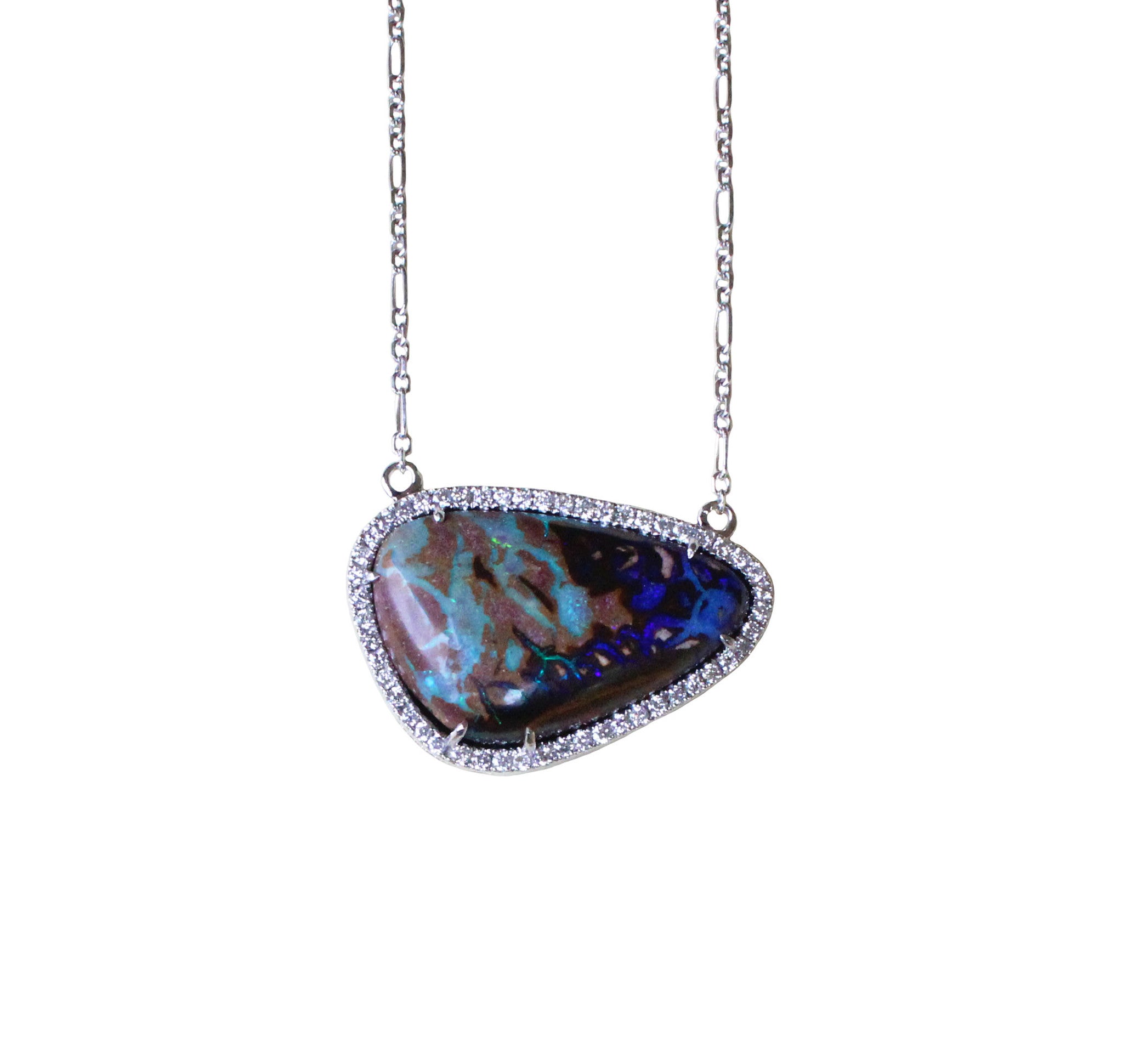 Australian boulder opal diamond 14k white gold pendant necklace - Ready to ship CLICK HERE - Sarah Hughes - 2