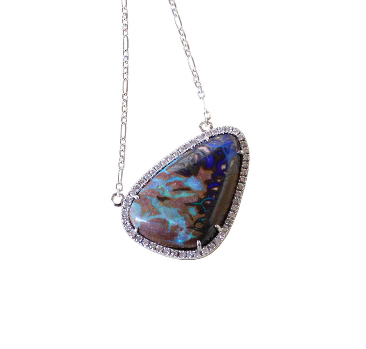 Australian boulder opal diamond 14k white gold pendant necklace - Ready to ship CLICK HERE - Sarah Hughes - 5