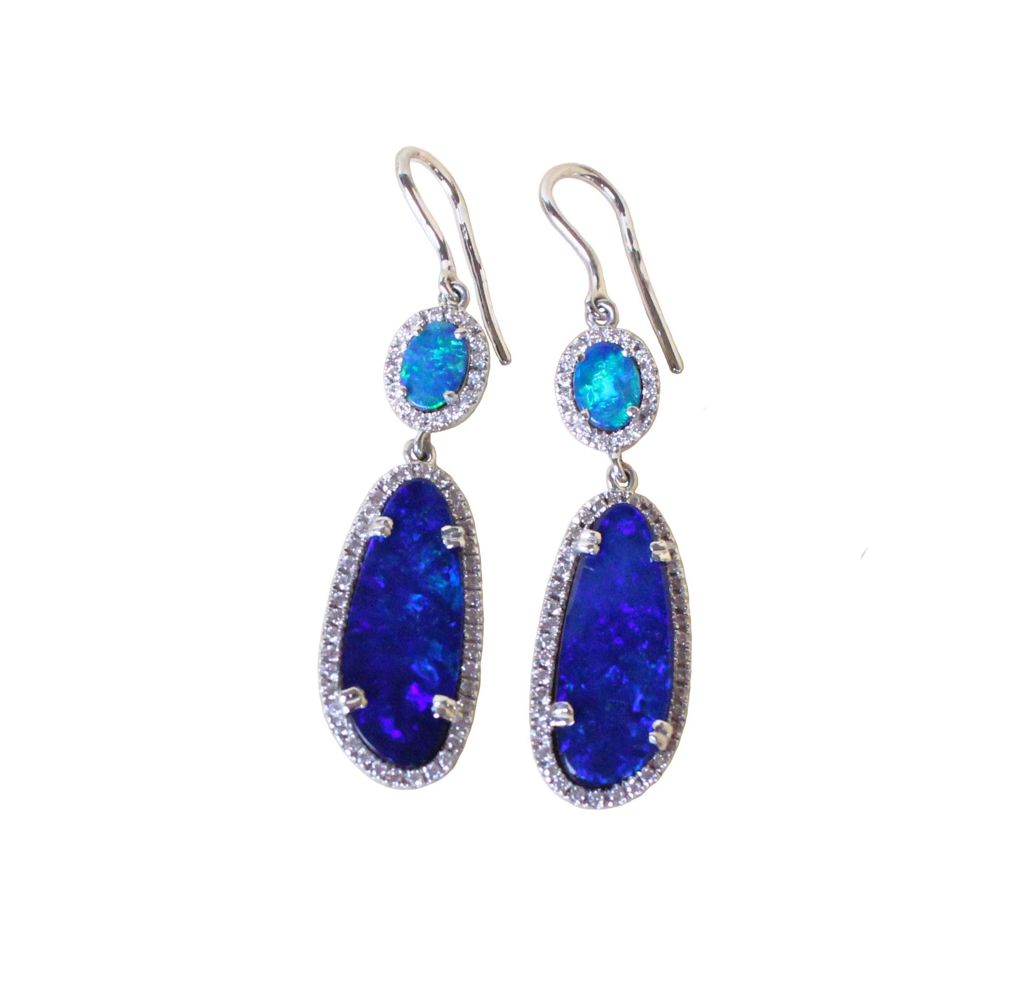 Electric blue Australian opal diamond solid silver dangle earrings - Ready to ship - Sarah Hughes - 2
