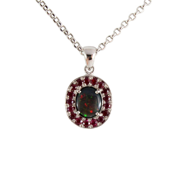 Australian black opal with ruby halo white gold pendant necklace - Ready to ship