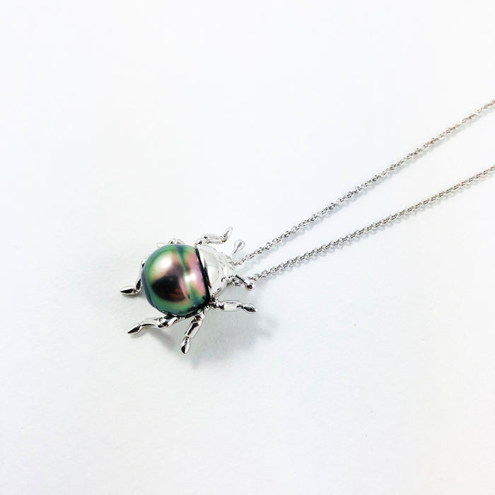Beetle bug insect Tahitian pearl, 14k white gold pendant necklace