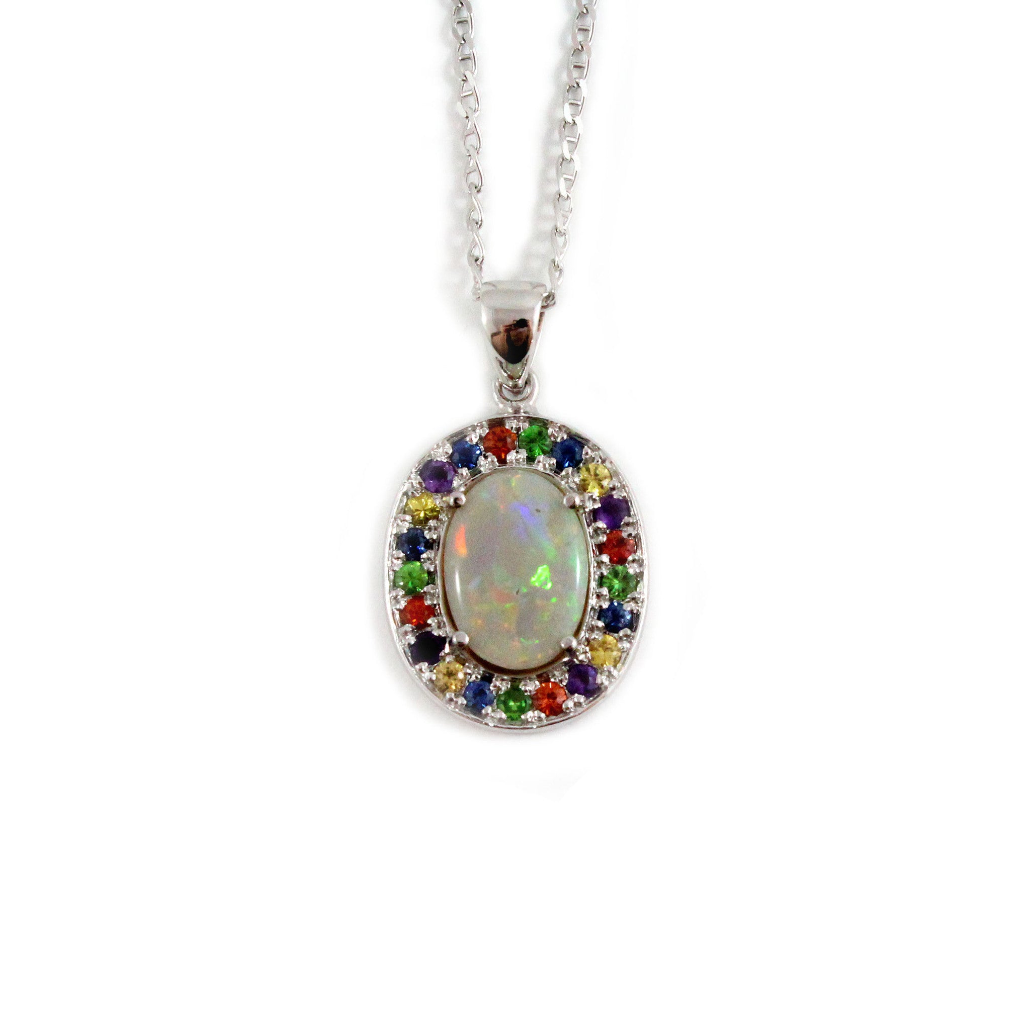 Australian opal fancy sapphires and amethyst halo white gold pendant necklace - Sarah Hughes - 1