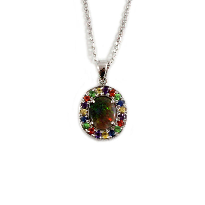 Australian opal fancy sapphires and amethyst halo white gold pendant necklace - Sarah Hughes - 1