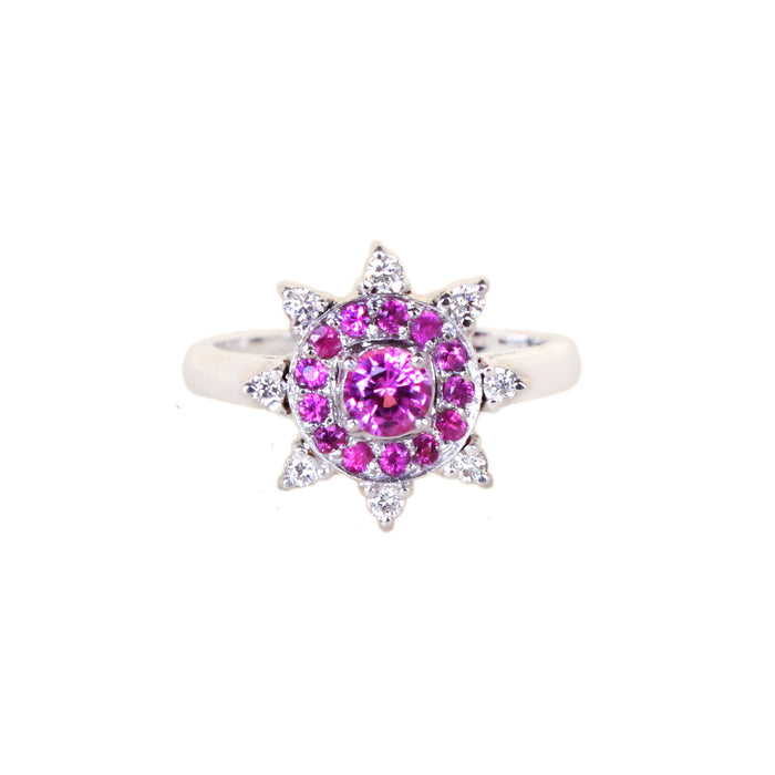 Australian pink sapphire pink ruby diamond 14k white gold flower ring