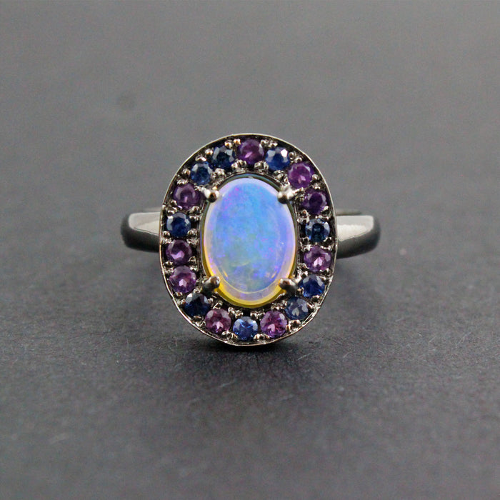 Australian jelly opal amethyst and blue sapphire halo black rhodium plated gold ring