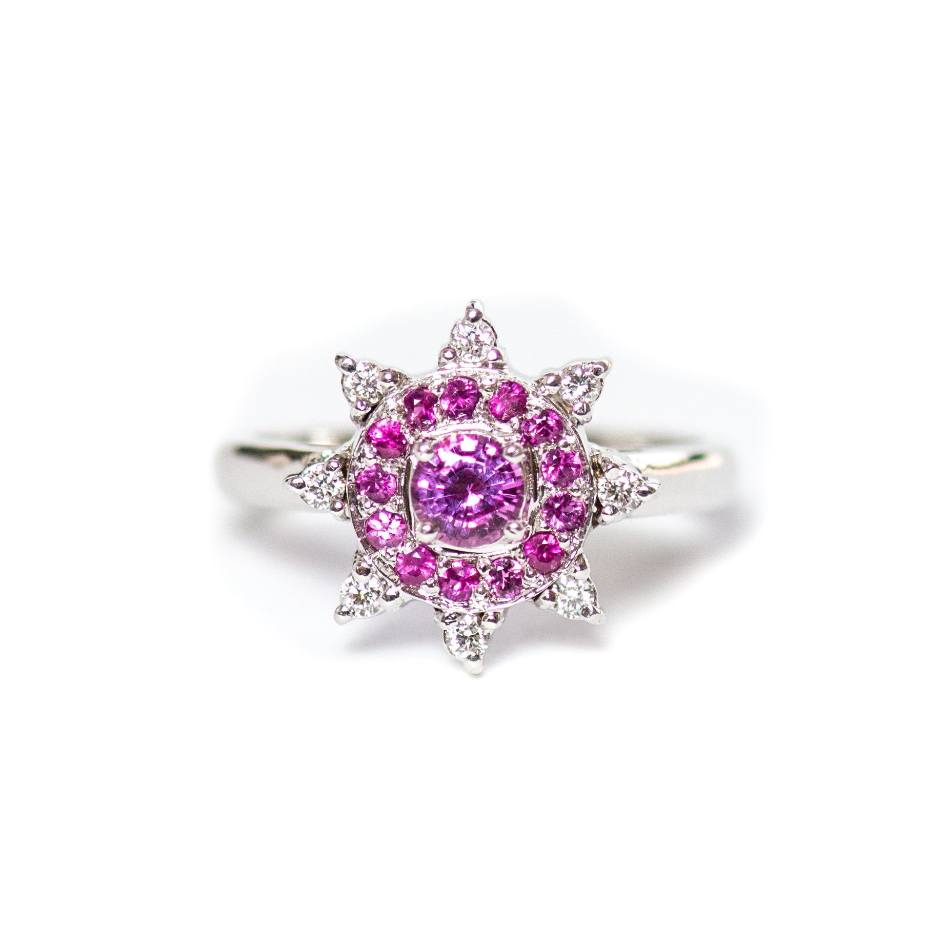 Australian pink sapphire with pink rubies and diamonds 14k white gold flower ring a Size 6 - Ready to ship or Resize CLICK HERE - Sarah Hughes - 3