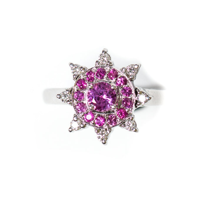 Australian pink sapphire with pink rubies and diamonds 14k white gold flower ring a Size 6 - Ready to ship or Resize CLICK HERE - Sarah Hughes - 2