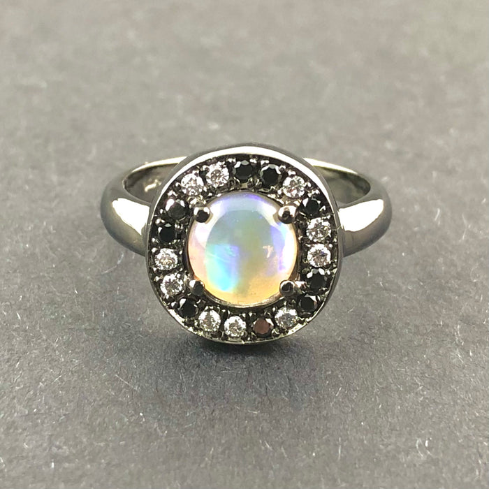 Australian jelly opal diamond black diamond halo black gold ring