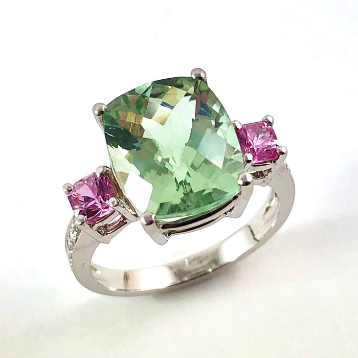 Green amethyst pink sapphire multi stone diamond 14k white gold ring