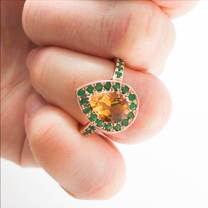 Citrine pear and emerald halo rose gold alternative engagement ring - Customise size, halo gemstones and gold colour