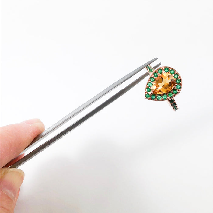 Citrine pear and emerald halo rose gold alternative engagement ring - Customise size, halo gemstones and gold colour