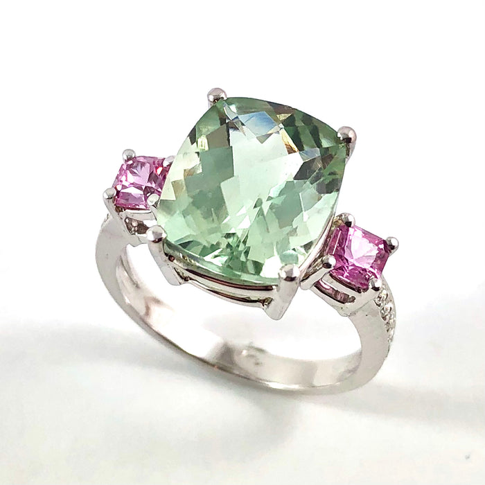 Green amethyst pink sapphire multi stone diamond 14k white gold ring