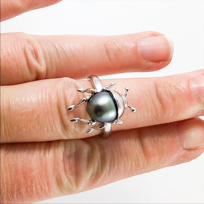 Beetle bug insect Tahitian pearl 14k white gold ring