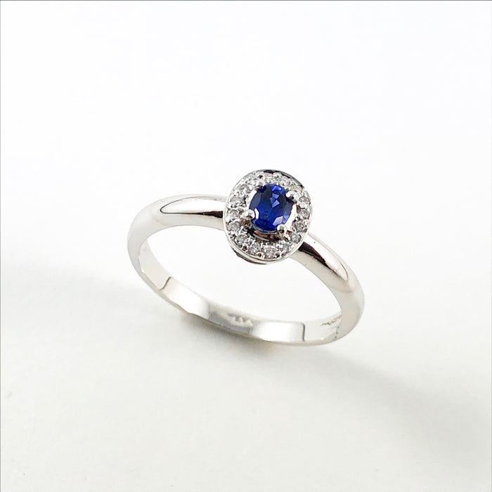 Ceylon sapphire oval and white diamond halo 14k white gold ring