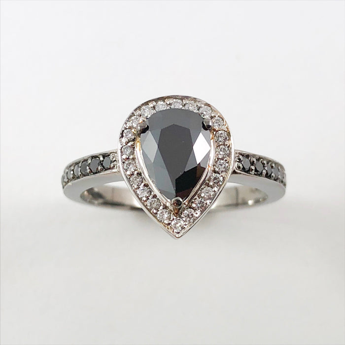 Black diamond & diamond pear halo 14k gold ring - Certified