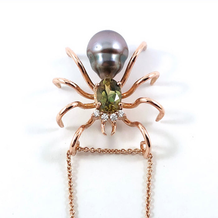 Spider arachnid insect Tahitian pearl Australian parti sapphire 14k rose gold pendant necklace