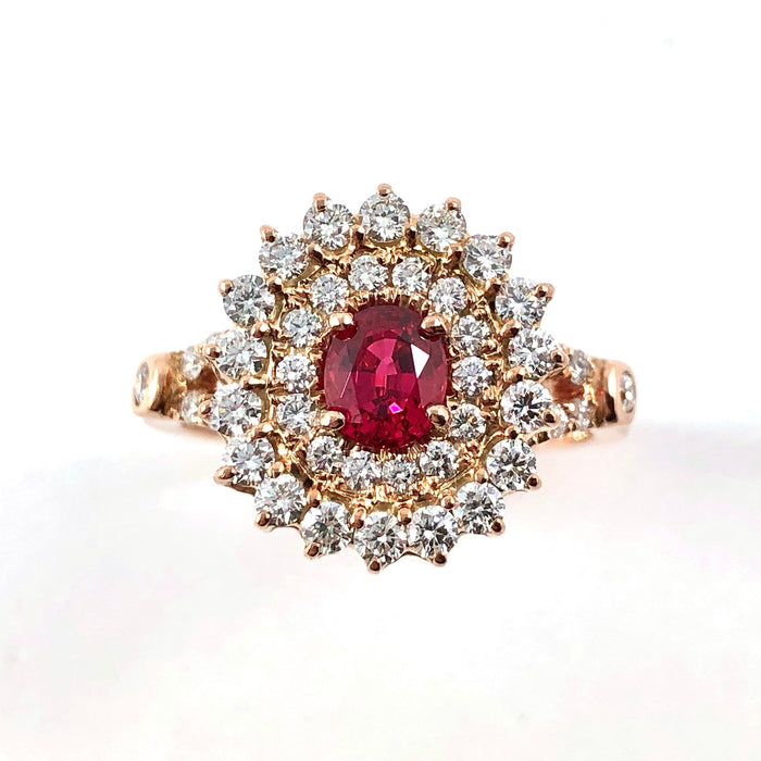 Red spinel oval and diamond rose gold ring