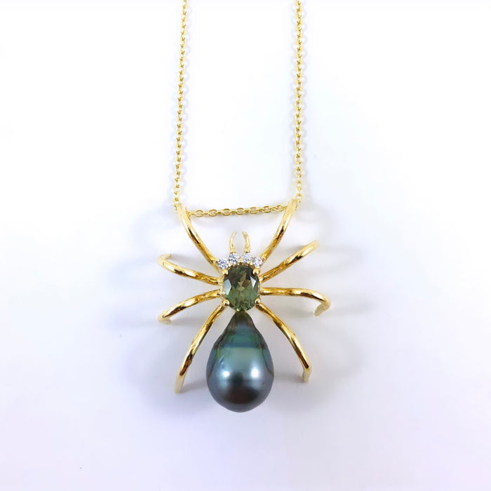 Spider arachnid insect Tahitian pearl Australian parti sapphire 14k yellow gold pendant necklace