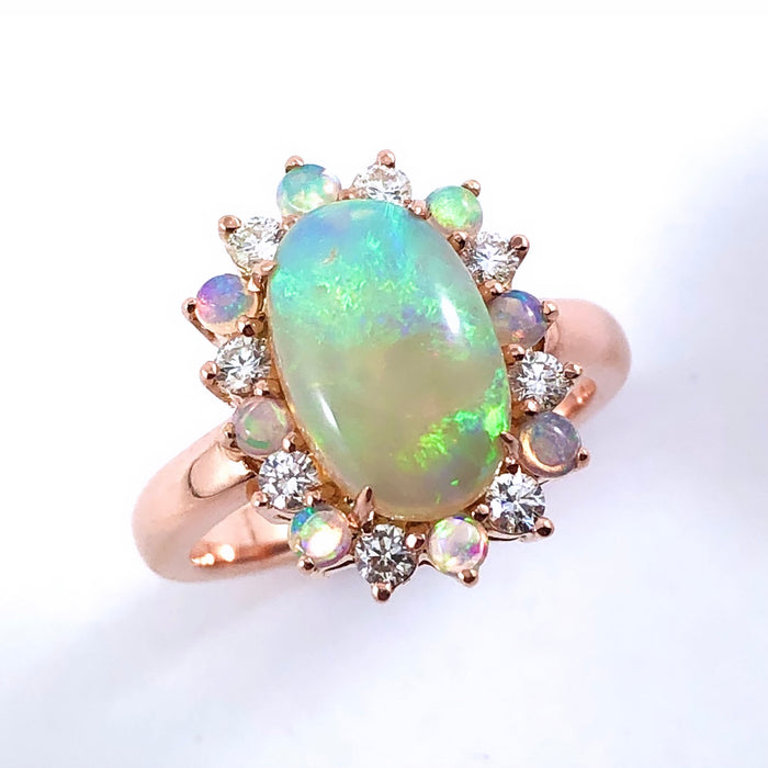 Australian jelly opal diamond halo 14k rose gold ring