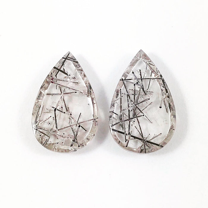 Tourmalated rock quartz pear cut matched cabochon pair 21.44 carats total - Buy loose or customise