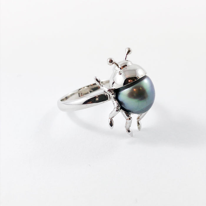 Beetle bug insect Tahitian pearl 14k white gold ring