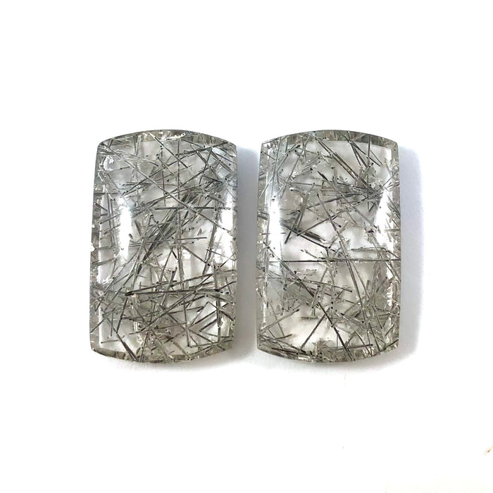 Tourmalated rock quartz rounded rectangle cut matched cabochon pair 38.57 carats total - Buy loose or customise