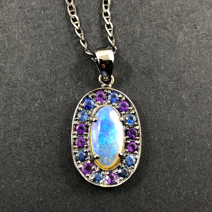 Australian jelly opal amethyst and blue sapphire halo black gold pendant necklace