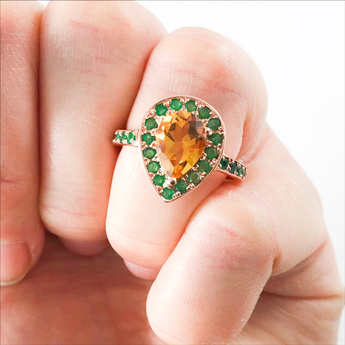 Citrine pear and emerald halo rose gold alternative engagement ring - Customise size, halo gemstones and gold colour
