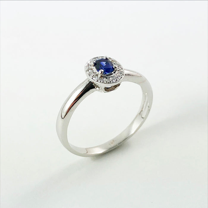 Ceylon sapphire oval and white diamond halo 14k white gold ring