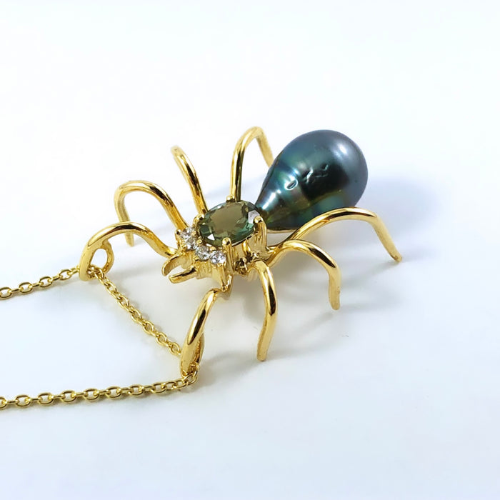 Spider arachnid insect Tahitian pearl Australian parti sapphire 14k yellow gold pendant necklace