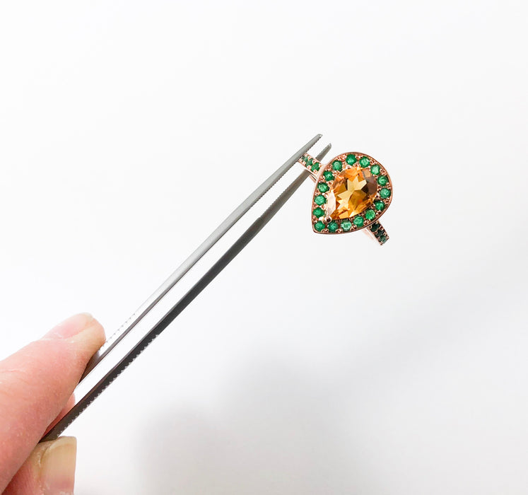 Citrine pear and emerald halo rose gold alternative engagement ring - Customise size, halo gemstones and gold colour