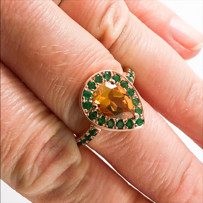 Citrine pear and emerald halo rose gold alternative engagement ring - Customise size, halo gemstones and gold colour