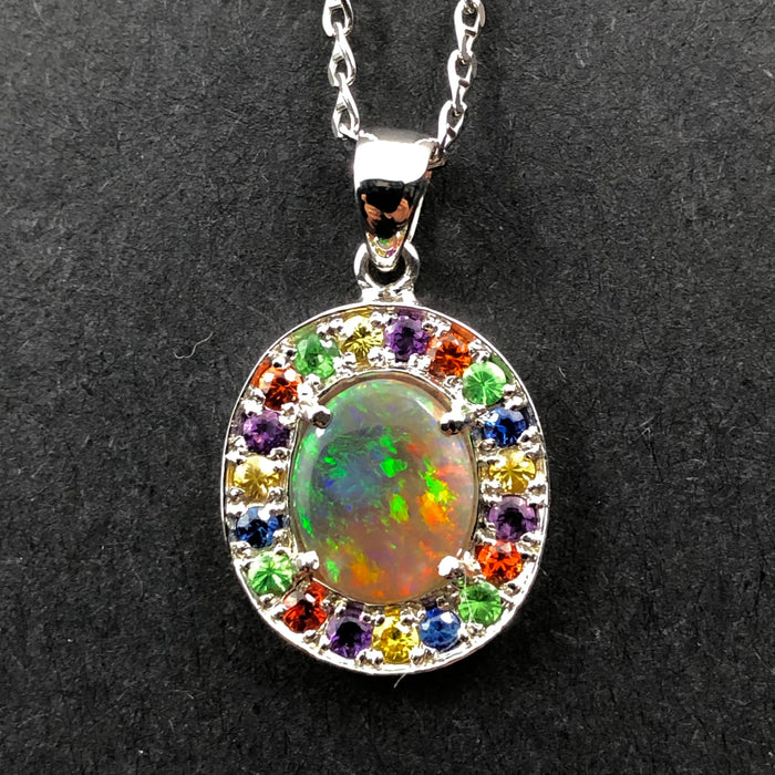 Australian opal fancy sapphires and amethyst halo white gold pendant necklace