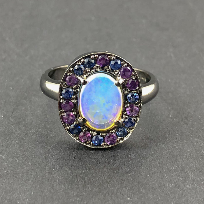 Australian jelly opal amethyst and blue sapphire halo black rhodium plated gold ring