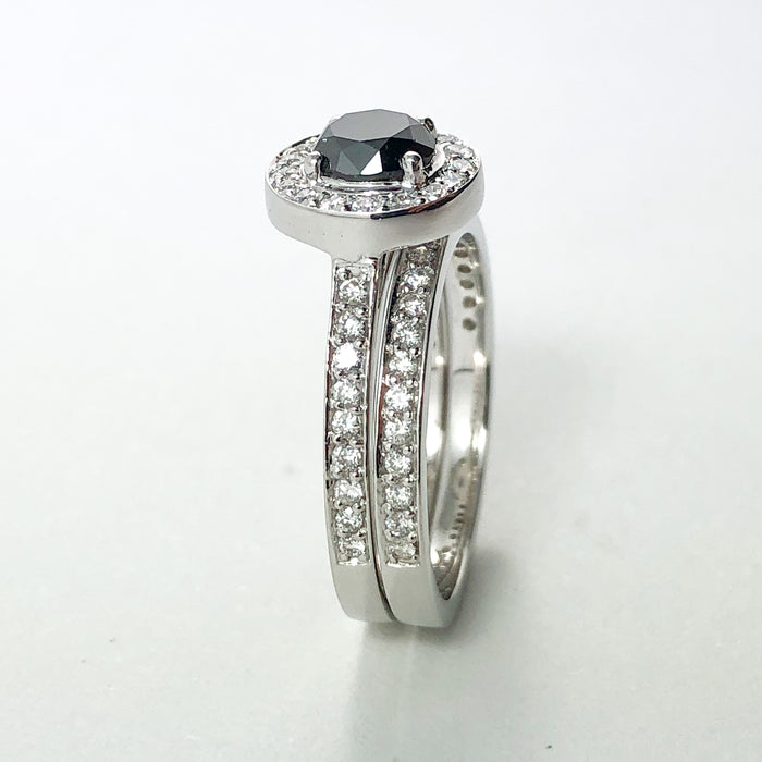 Black diamond round diamond halo 14k white gold wedding ring set - Certified