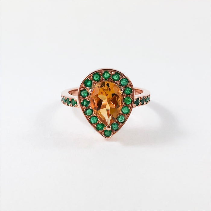 Citrine pear and emerald halo rose gold alternative engagement ring