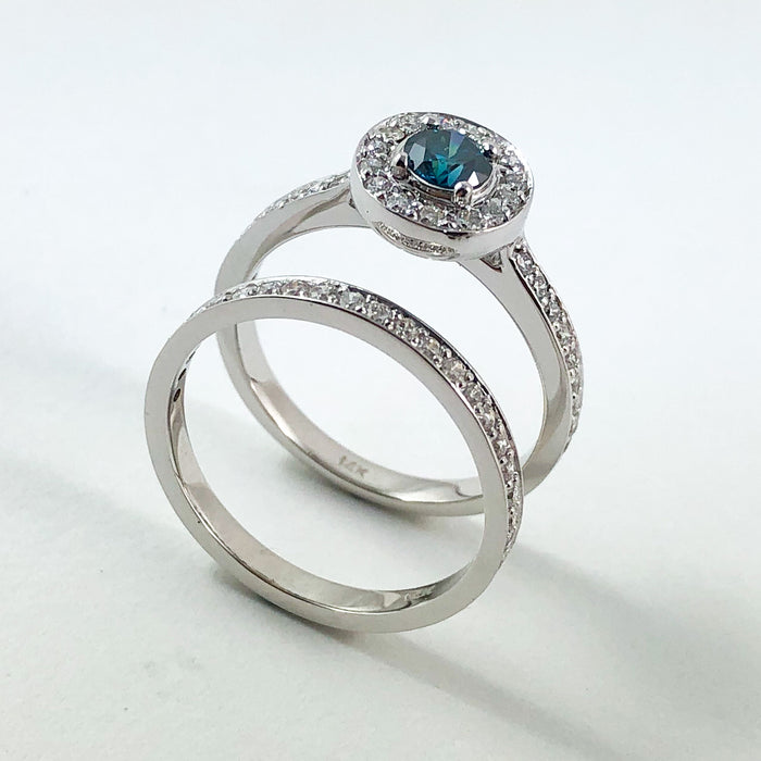 Blue diamond round diamond halo 14k white gold wedding ring set - Certified