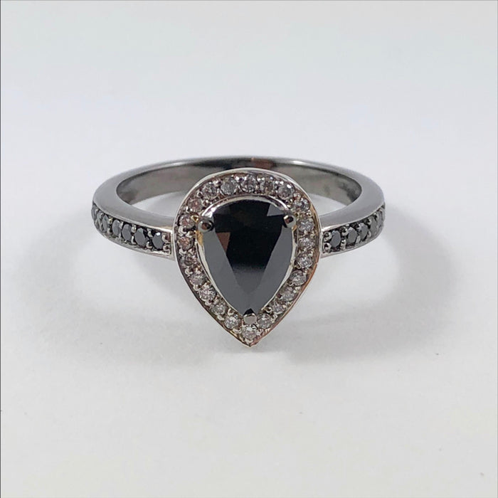 Black diamond & diamond pear halo 14k gold ring - Certified