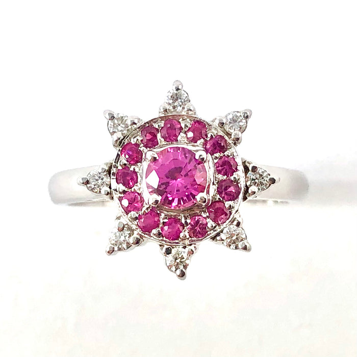 Australian pink sapphire pink ruby diamond 14k white gold flower ring