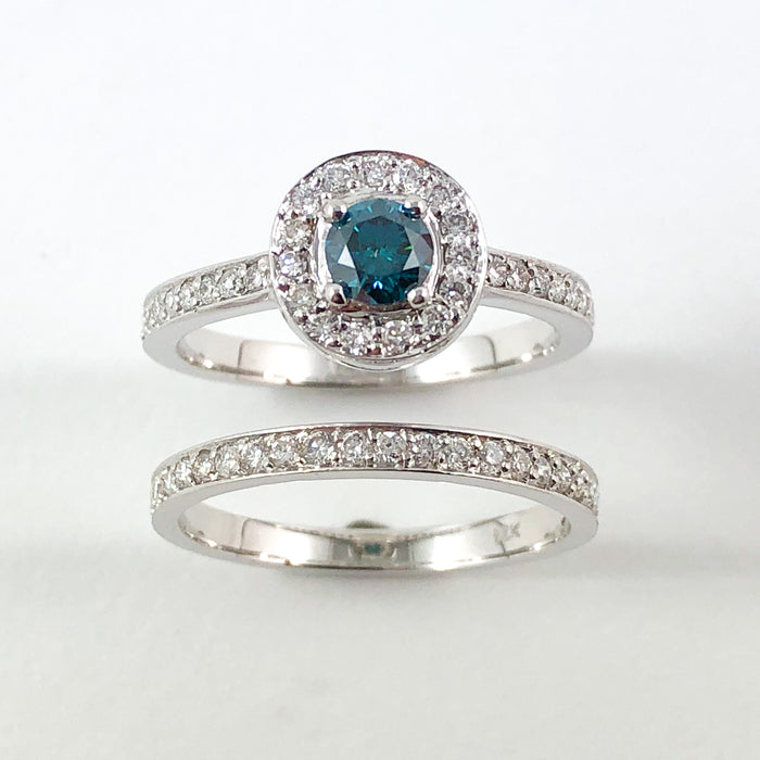 Blue diamond round diamond halo 14k white gold wedding ring set - Certified